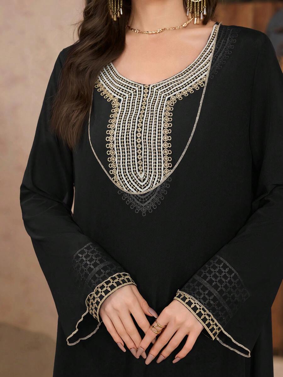 Al Najma Women's Spring/Summer 2 Pieces Set - Embroidered Turkish Maxi Dress & Arabic Traditional Dress, Modest Kaftan - Black - View 1