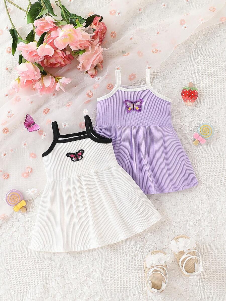 SHEIN 2 Pack Baby Mädchen Mode Niedliches gestricktes Schmetterling Muster Colour Block Lässig Weste Kleid Set
