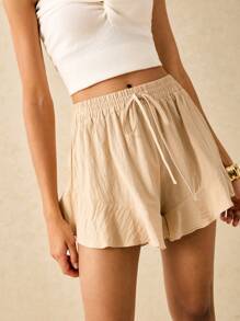 Poéselle 100% Cotton Ruffle Hem Solid Shorts - Beige - View 5