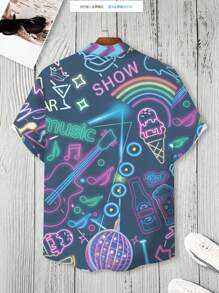 Manfinity Homme Camisa holgada para hombre de talla grande con estampado de arcoíris e instrumentos musicales - Neblina azul - Ver 2