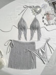 Swim EVENT Springbreak 新款女士纹理性感三件套比基尼套装：露背系带上衣、侧系带下装和流苏罩裙。欧洲和美国海滩装，适合音乐节、泳池和海滩度假、游泳派对 - 銀色 - 查看 6