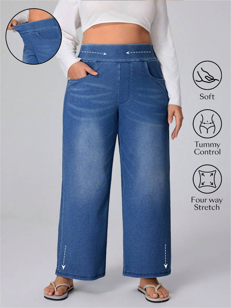 Flexra 大码高弹针织阔腿男友牛仔裤