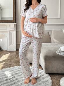 Maternity Ditsy Floral Ruffled V-Neck Short Sleeve Top & Pants Pajama Set