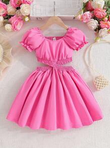 SHEIN Elegancka sukienka dla młodej dziewczyny w jednolitym kolorze z bufiastymi rękawami i skróconą talią