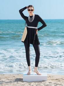 Swim Shayni Floral Embroidered Long Sleeve Round Neck Ruffle Top And Solid Color Burkini Bottoms Two-Piece Swimwear Sets, Women Casual Holiday BeachwearArabic Clothing For Summer Beach Vacation