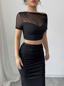 Gloray 2pcs/Set Women's Black Sexy Asymmetric Shoulder Pleated Mesh Crop Top And High Slit Maxi Skirt Outfit - Black - View 3