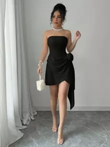 Elenzga 杏色露肩A字裙，收腰花卉点缀，优雅浪漫 - 黑色 - 查看 3