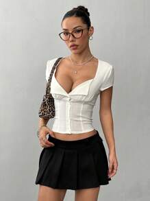 Flirla Femmes Blouse décontractée polyvalente quotidienne à couleur unie avec plis sur la poitrine et boutonnée, manches courtes, printemps/été