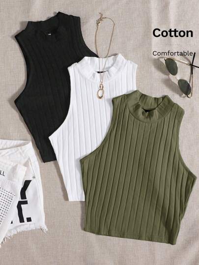 SHEIN EZwear Top de tanque casual sólido de cuello redondo acanalado para el verano