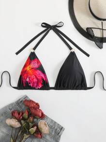 Swim Lushoire Plus Size Women Metal Accent One-Piece Swimwear Top, Multi-Color Print, Minimalist Daily/Holiday/Beach Wear For Summer - Multicolor - View 1