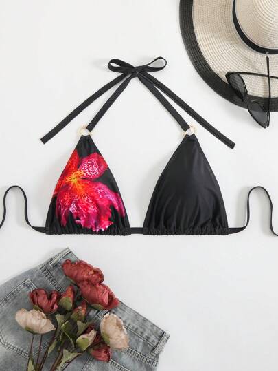 Swim Lushoire Plus Size Women Metal Accent One-Piece Swimwear Top, Multi-Color Print, Minimalist Daily/Holiday/Beach Wear For Summer