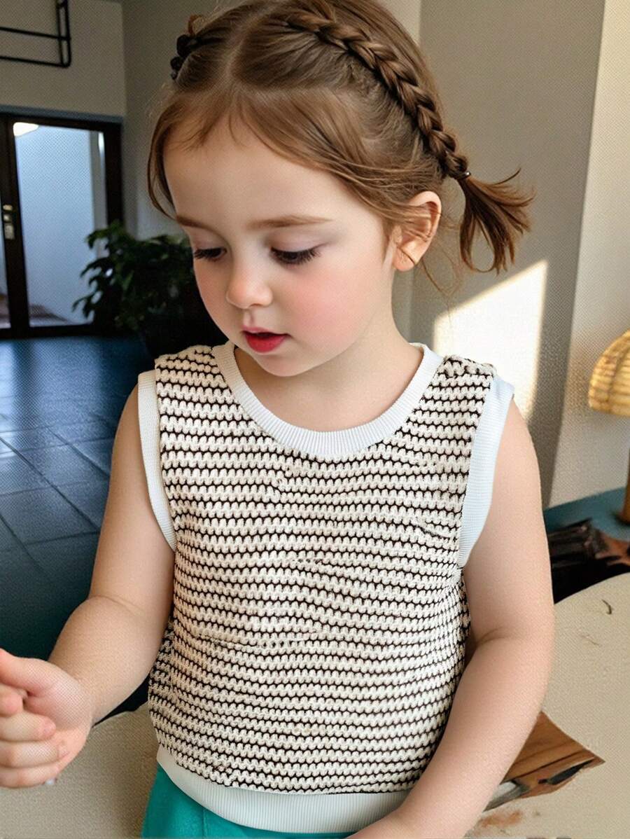 Baby Girl Infant Toddler 0-3Y Casual Versatile Daily Elastic Crochet Knit Black And White Striped Round Neck Bodycon Sleeveless Tee Shirt Top, Suitable For Home And Outdoor Wear, All Seasons - Black and White - View 1