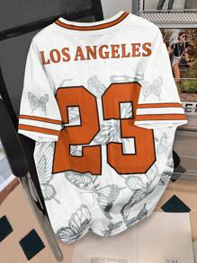 Manfinity Campus Court 男士休闲 V 领短袖 T 恤，带数字和字母印花，男士球衣，男士球衣，足球球衣，男士