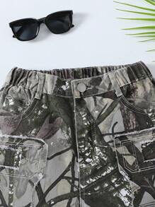 TWEEN BOYS 宽松休闲工装短裤，褶皱下摆和撞色拼布设计，街头风格 - 軍綠色 - 查看 7