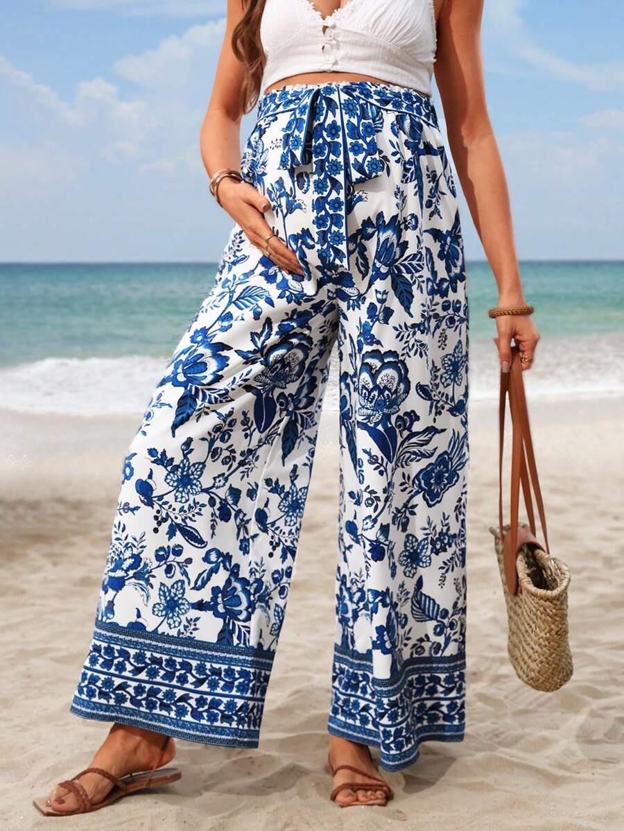 SHEIN Maternity Boho Floral Print Belted Wide Leg Pants - Blue and White - View 1