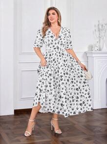 SHEIN Clasi Elegante vestido largo de estilo maxi con cuello en V y estampado floral para mujeres de talla grande