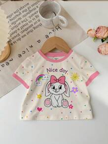 SHEIN Camiseta de manga corta y cuello redondo informal con estampado de conejo de dibujos animados, adecuada para el verano