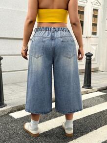 Flirla Plus Size Distressed Loose Fit Wide Leg Denim Jeans - Medium Wash - View 2
