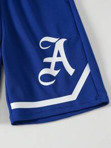 SHEIN Tween Boy 休闲宽松印花直筒及膝针织短裤，夏季 - 寶藍色 - 查看 4