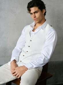 HIMLAND Men's Woven Slim-Fit Crew Neck Sleeveless Casual Suit Vest - White - View 6