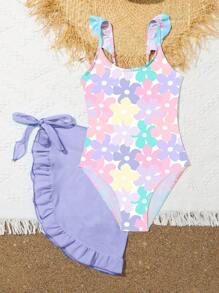 1pc Young Girl Colorful Flower Printed One-Piece Swimsuit With Mesh Skirt Summer Holiday - Multicolor - View 3