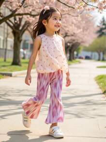 Young Girls Casual Style Sleeveless Rose Ditsy Floral Peplum Top & Pink Striped Pants 2 Pieces Outfit Set, Spring/Summer New Arrival - Pink - View 8