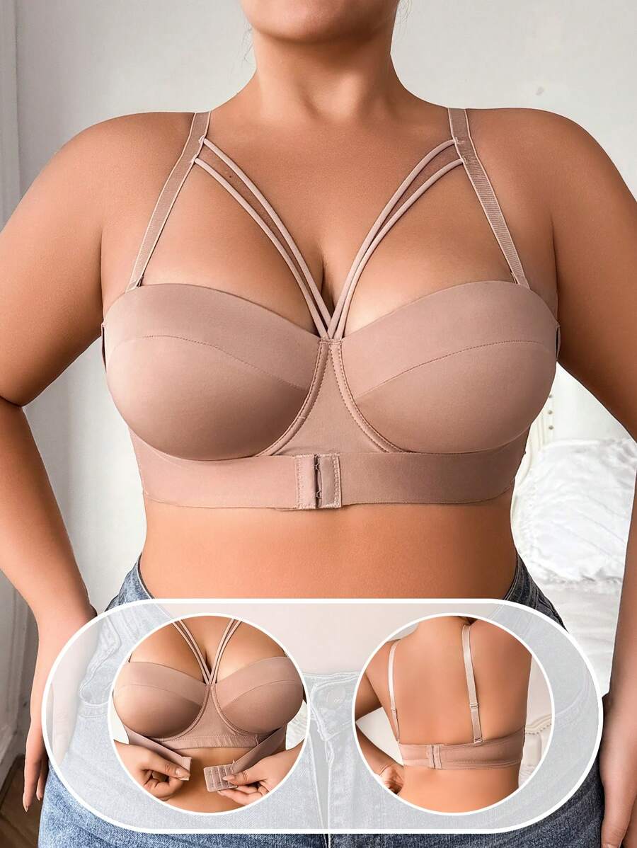 Plus Size Women Front Closure Sports Bra, Supportive Underwire With Removable Lift Pads, Seamless & Light, Anti-Slip Design - Apricot - View 1
