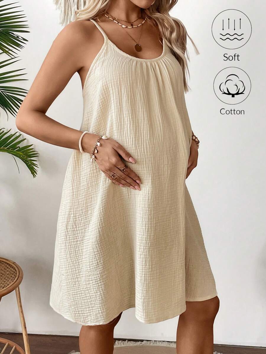 SHEIN Maternity Solid Color Spaghetti Strap Casual Mini Dress - Khaki - View 1