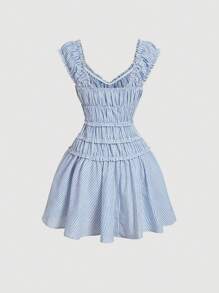 SHEIN MOD Striped Waist Ruched Vacation Mini Dress,Vacation Dress,Boho Style, Western, Holiday, Picnic, Beach,Valentines Clothes,Vacation Outfits Woman,Summer Outfits For Women,Beach Outfits For Woman,Mardi Gras,Valentines Dress,Rave Outfits Festival,Sun Dress - Blue and White - View 2