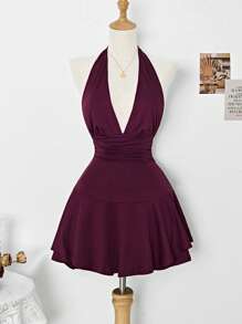 Elamini Women's Halter Neck Slim Fit Short Mini Dress, Graduation Dress, Spring/Summer - Burgundy - View 4