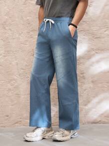 Manfinity VCAY Pantalones casuales de corte regular para hombre con efecto desteñido, parche y decoración desestructurada, pierna recta y relajada - Azul - Ver 5