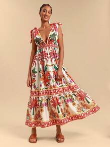 Travachic Women's Sexy Deep V-Neck Sleeveless Knotted Shoulder Palm Tree Printed Vacation Dress,Sun Dress