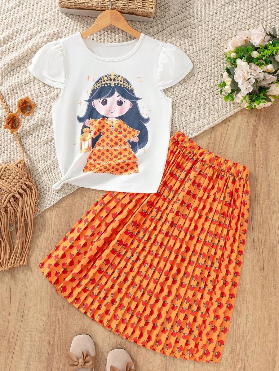 Set de 2 piezas de falda plisada con estampado floral de rosa carmesí de una marca local linda para niñas preadolescentes
