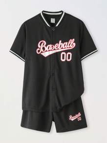 SHEIN Tween Boy Letter Graphic Baseball Collar Shirt & Shorts Without Tee - Black - View 12