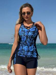 Swim Lushoire Springbreak Women's Tropical Plant Print Casual Vacation Boyshort Tankini Swimwear - Blue - View 5