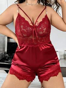 Bộ đồ ngủ liền thân ren chắp vá cỡ lớn thiết kế dây xích giống lụa - Màu Đỏ Sâu - Xem 1