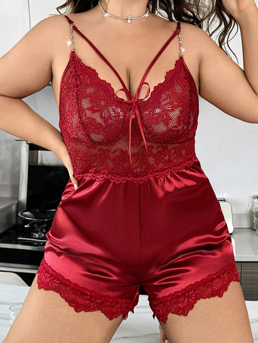 Bộ đồ ngủ liền thân ren chắp vá cỡ lớn thiết kế dây xích giống lụa - Màu Đỏ Sâu - Xem 1