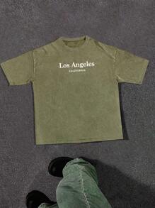 Manfinity Hypemode Camiseta holgada de manga caída mezcla de colores verde oliva con gráfico minimalista de Los Ángeles