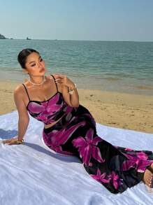 Flirla 2pcs/Set Plus Size Women Floral Print Camisole & Extra Long Skirt Co-Ord Set, Vacation Beach - Multicolor - View 5
