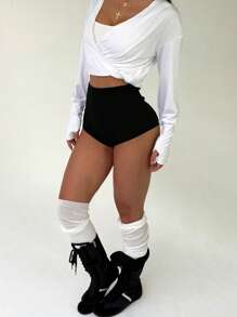 Easithlete Quần short thể thao thể thao cạp cao màu trơn cho nữ - màu đen - Xem 6