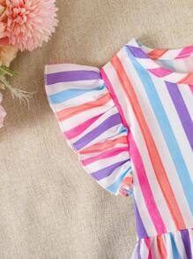 Baby Girls Elastic Striped Round Neck Flare Waisted Dress, Simple & Fashionable Style, Suitable For Indoor & Outdoor Wear, Spring