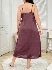 Plus Size Soft Mesh Fabric Sleepshirt With Bow Strap & Lace Trim, Comfortable Knit Sleep Gown, Moo Moo Sleep Dress - Rose Red - View 2