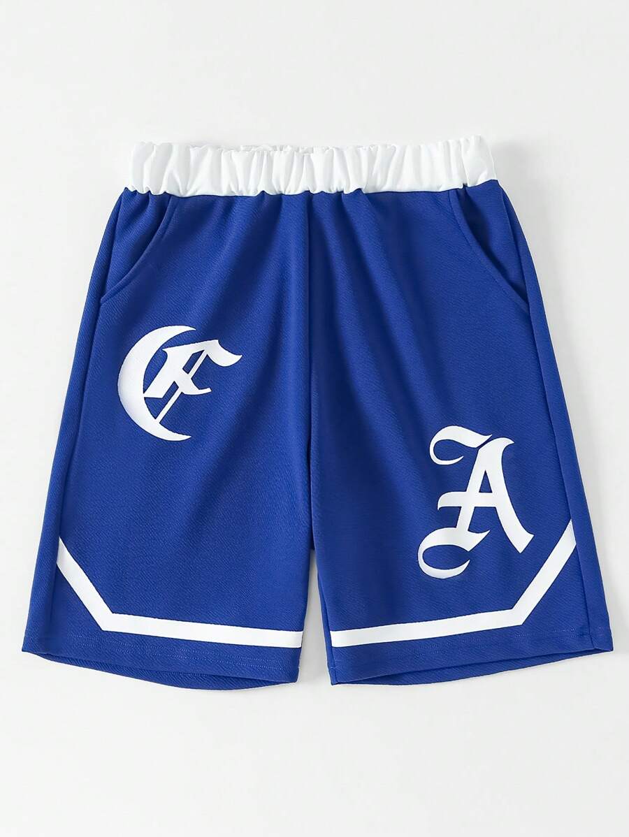 SHEIN Tween Boy 休闲宽松印花直筒及膝针织短裤，夏季 - 寶藍色 - 查看 1