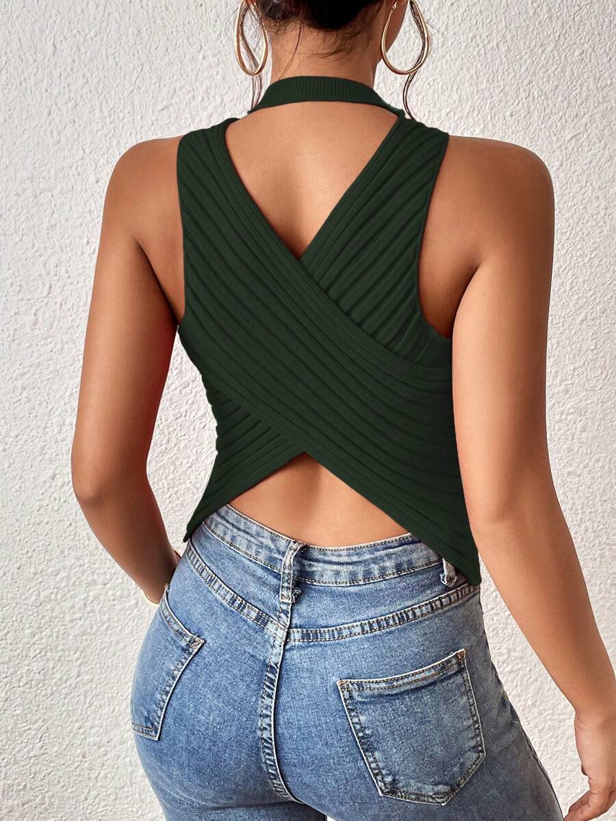 Chiquease Solid Color Criss-Cross Back Wrap Sleeveless Knit Top - Army Green - View 1