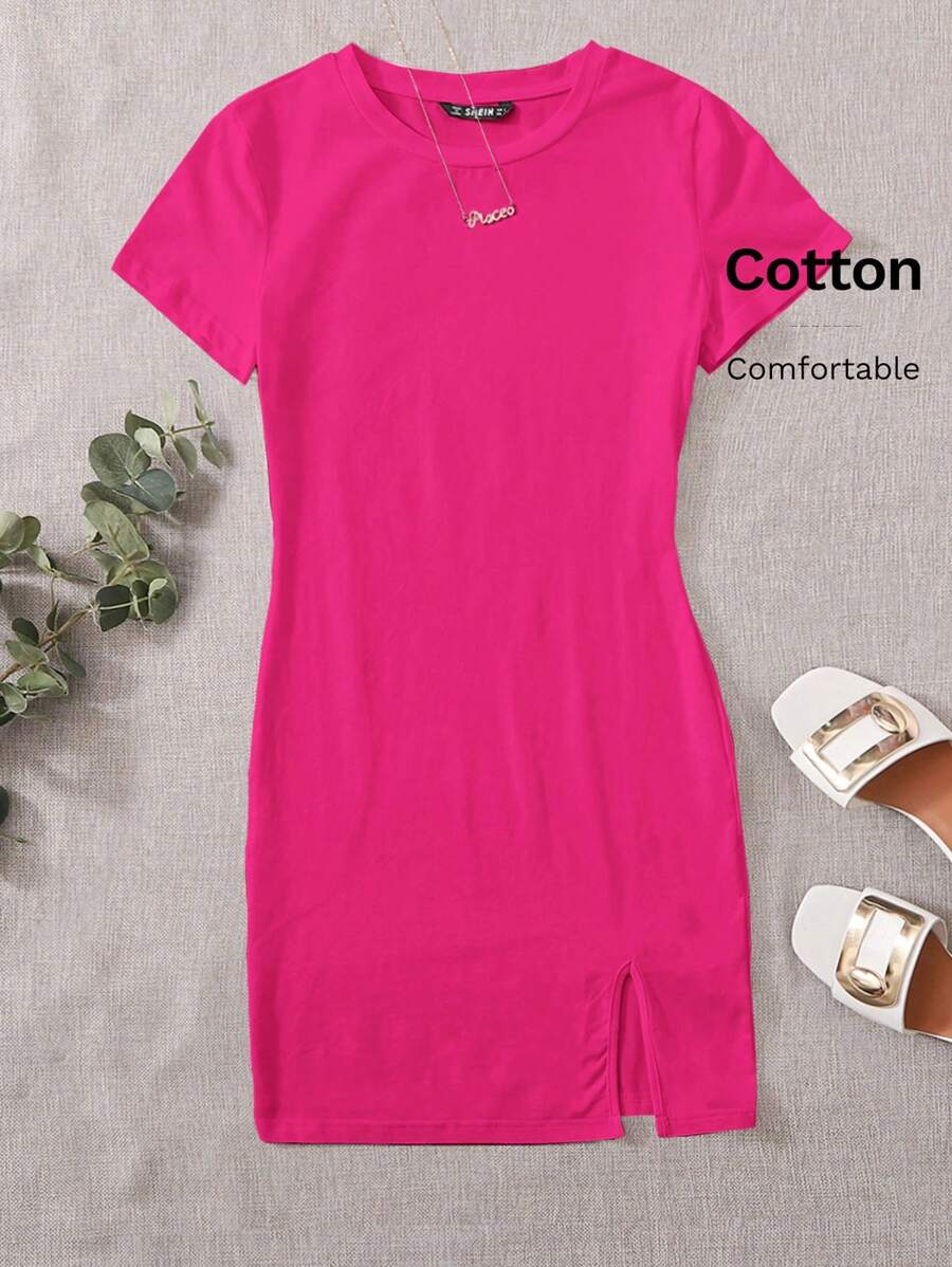 SHEIN EZwear Neon Pink Split Hem Solid Dress,Summer Dresses For Women
