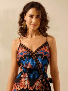 CAJUNI Vestido informal tipo pareo de playa de verano para vacaciones, con base negra y estampado tropical de plantas, tigre y loro - Multicolor - Ver 3