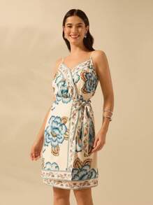 CAJUNI Women's Boho Tropical Apricot & Blue Floral Print Strappy Wrap Front Casual Summer Mini Dress - Multicolor - View 1