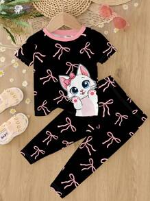 SHEIN Leap Crew 女婴休闲简约猫咪卡通蝴蝶结图案贴身短袖 T 恤和裤子家居服 - 彩色 - 查看 1