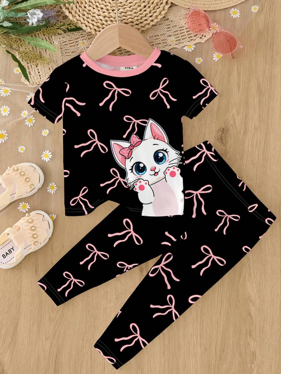 SHEIN Leap Crew 女婴休闲简约猫咪卡通蝴蝶结图案贴身短袖 T 恤和裤子家居服 - 彩色 - 查看 1