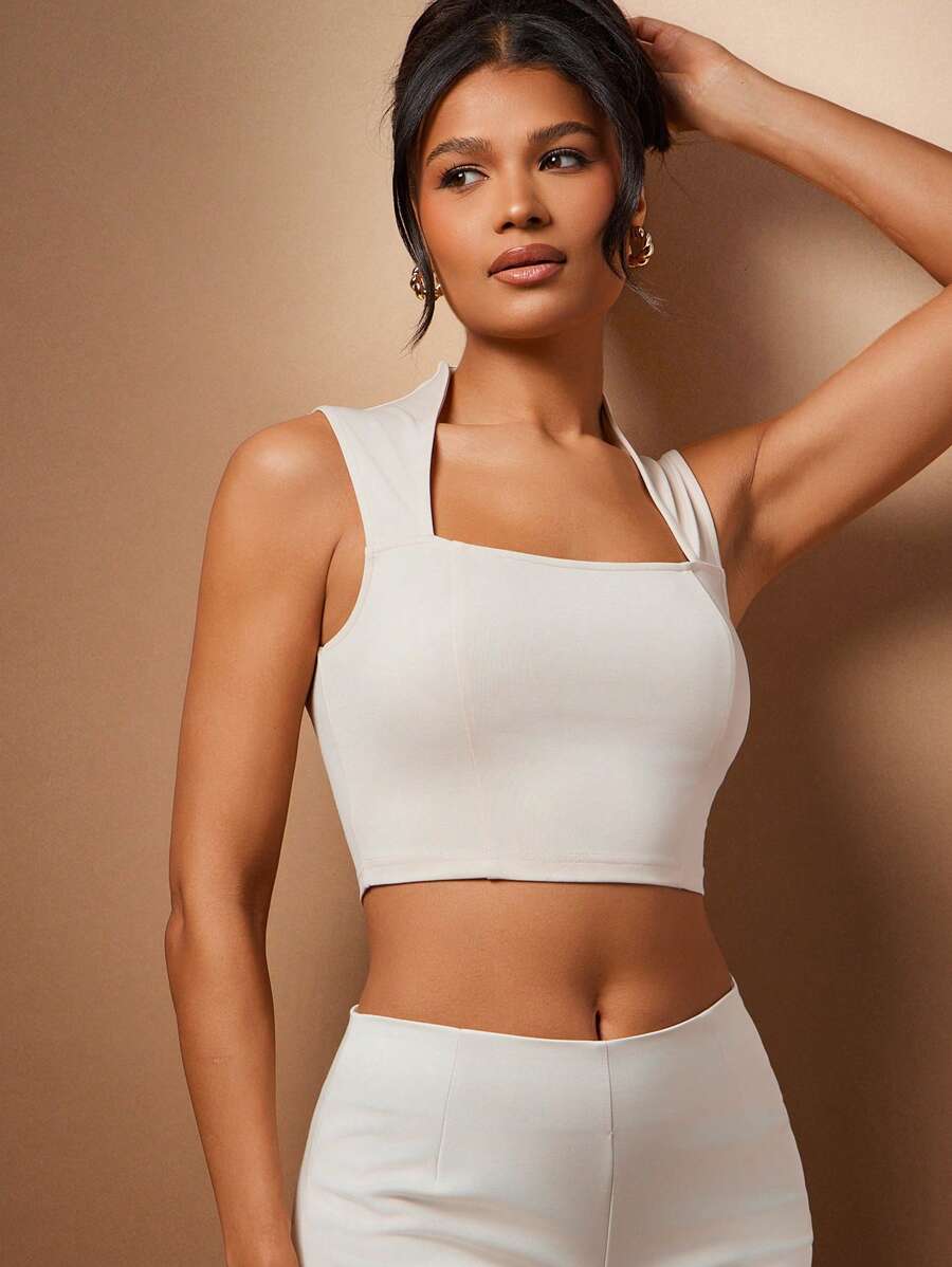 Hauture Women's Square Neck Fitted Off White Tank Top,Elegant Summer Crop Top For Date Night,Concerts,Parties&Clubs,Plain Sweet Heart-Cut Fashion White Top - Apricot - View 1